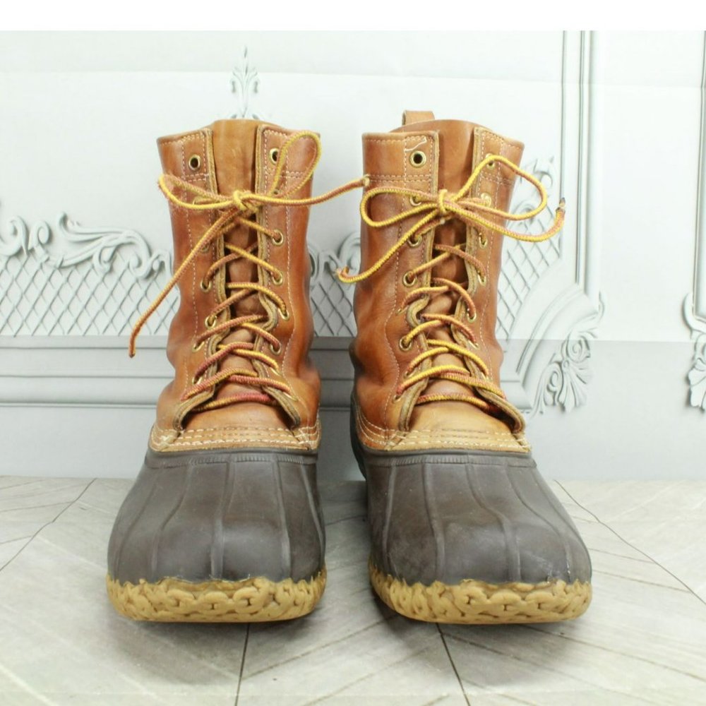 LL Bean Brown Leather Lace Up Round Toe Unlined Mid Calf Duck Boots Size 11 M - Picture 4 of 10